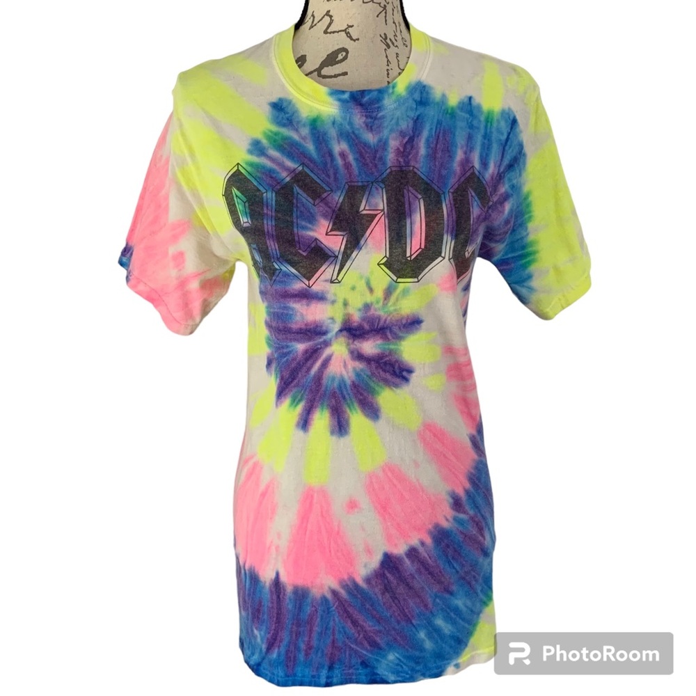 ACDC Band Tie Dye Graphic Crew Neck Unisex Tee Shirt Pink Blue Yellow Small